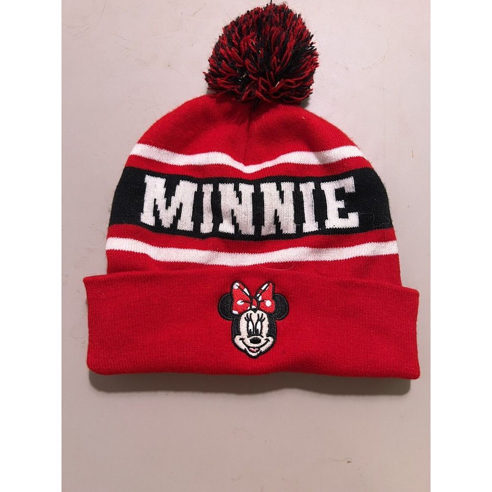 Disney Mickey Minnie Mouse Knit Beanie Cap Hat Pom Pom Adult‎ Logo Red Black